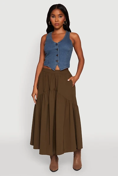 Womens High Waisted Solid Maxi Tiered Skirt, Green, Size XL