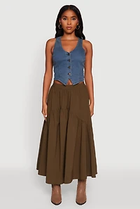 Womens High Waisted Solid Maxi Tiered Skirt, Green, Size XL