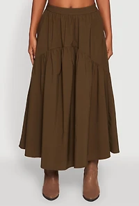 Womens High Waisted Solid Maxi Tiered Skirt, Green, Size XL