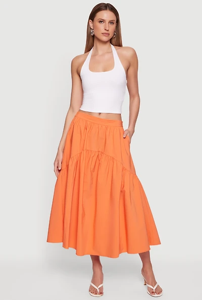 Drop Waist Ruffle Trim Midi Skirt