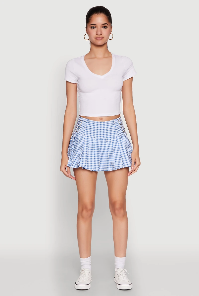 Womens Almost Famous Buckle Detail Gingham Pleated Skort,