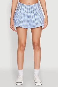 Womens Almost Famous Buckle Detail Gingham Pleated Skort, Blue, Size M