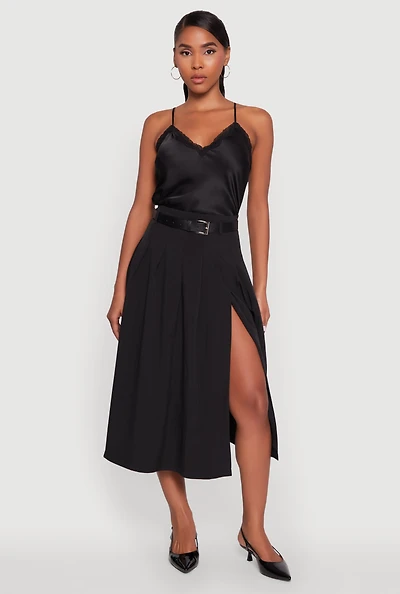 Trendy High Waisted Pleated Mid Length Skirt with Belt