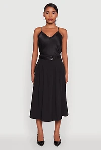 Womens Trendy High Waisted Pleated Mid Length Skirt with Belt, Black, Size M