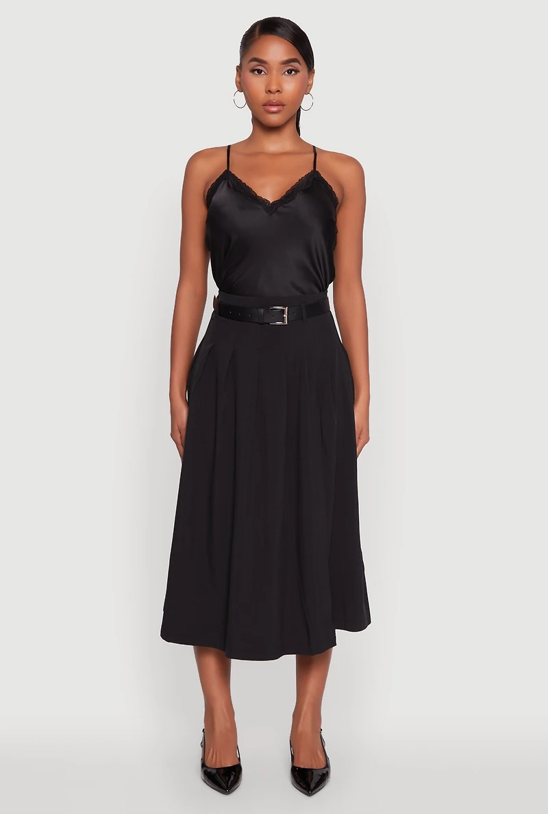 Womens Trendy High Waisted Pleated Mid Length Skirt with Belt, Black, Size XL