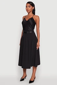 Womens Trendy High Waisted Pleated Mid Length Skirt with Belt, Black, Size M