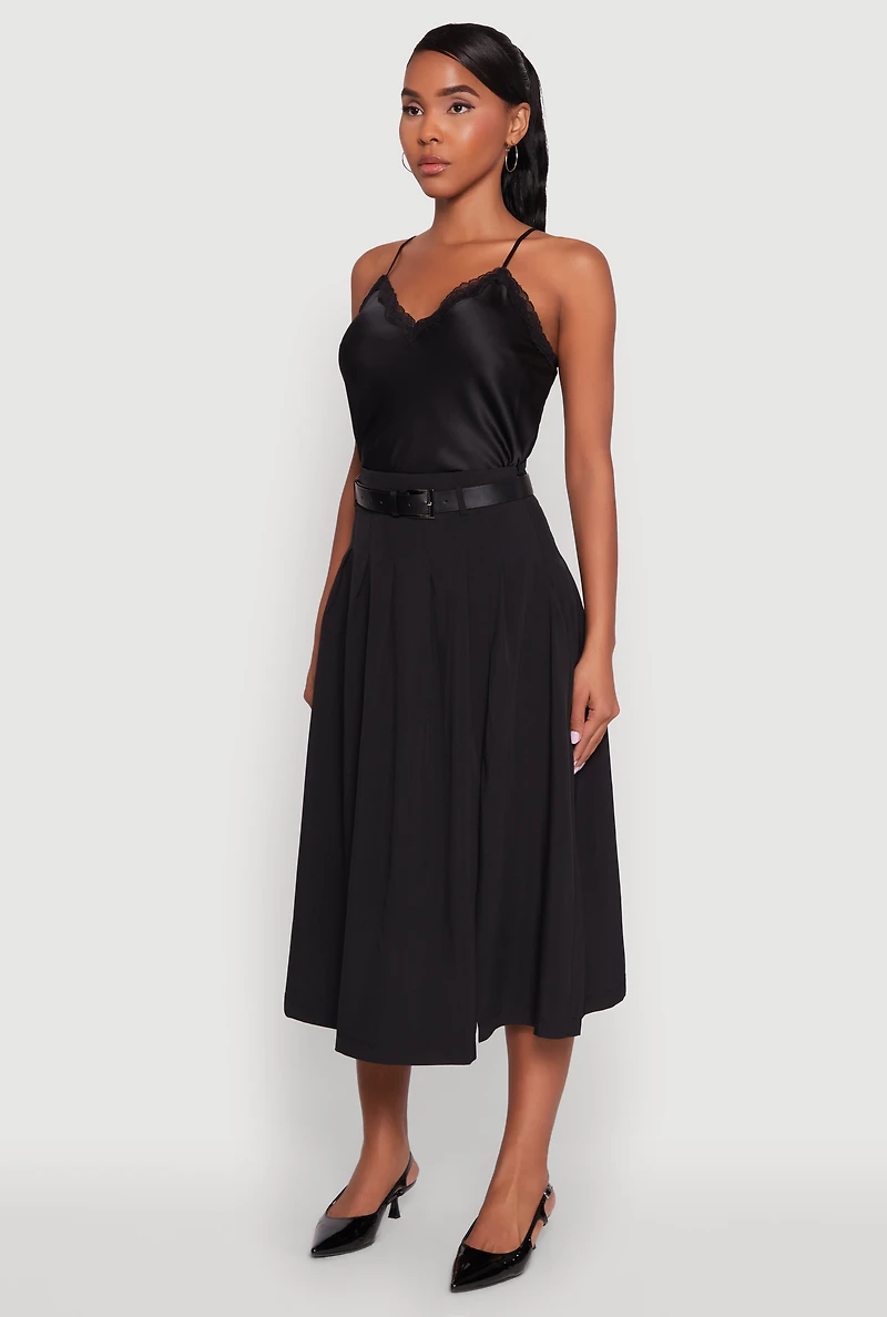 Womens Trendy High Waisted Pleated Mid Length Skirt with Belt, Black, Size XL