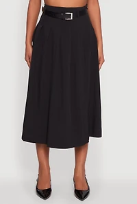 Womens Trendy High Waisted Pleated Mid Length Skirt with Belt, Black, Size M