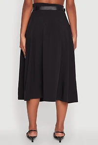 Womens Trendy High Waisted Pleated Mid Length Skirt with Belt, Black, Size M