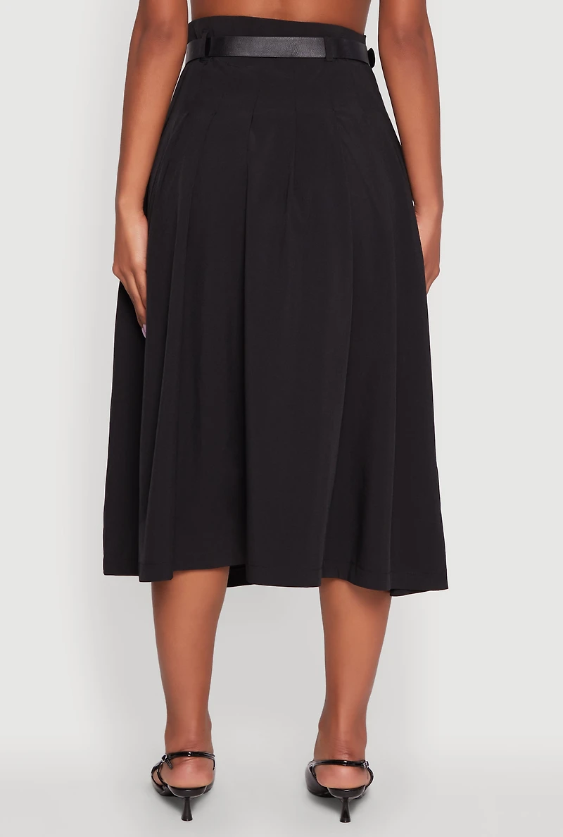 Womens Trendy High Waisted Pleated Mid Length Skirt with Belt, Black, Size XL