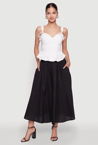 Womens Chic Poplin Button Front Mid Length Skater Skirt, Black, Size M