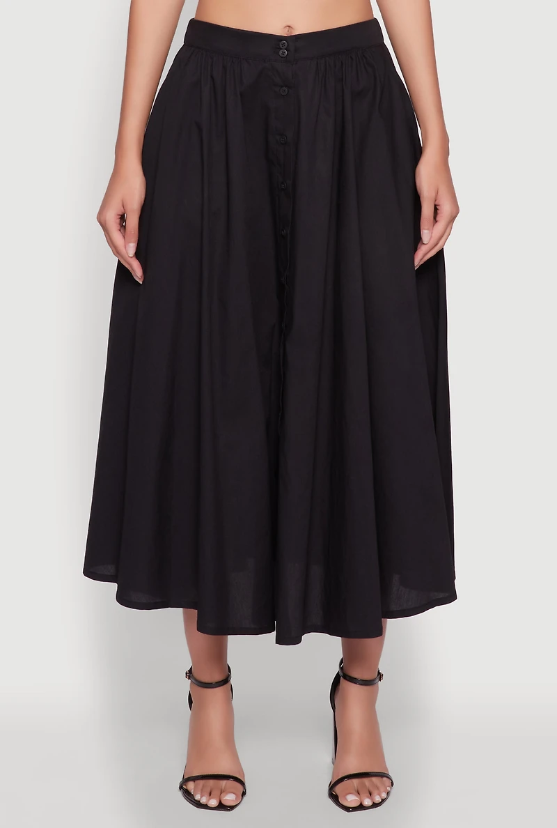 Womens Chic Poplin Button Front Mid Length Skater Skirt, S