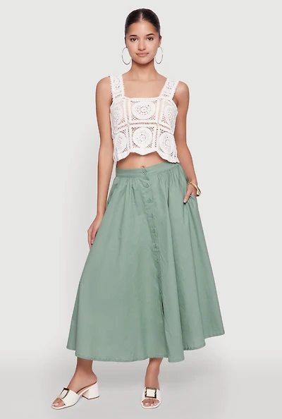 Womens Chic Poplin Button Front Mid Length Skater Skirt, Green, Size XL