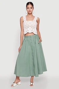 Womens Chic Poplin Button Front Mid Length Skater Skirt, Green, Size XL