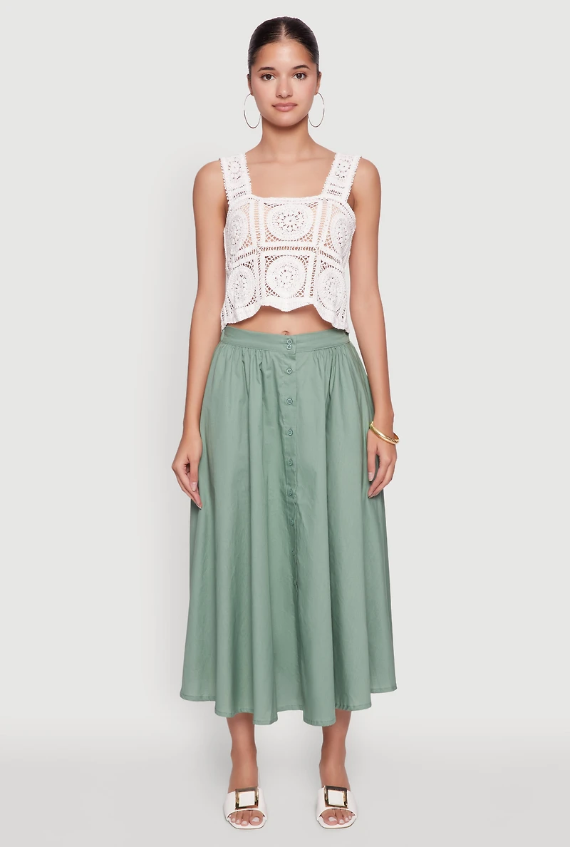 Womens Chic Poplin Button Front Mid Length Skater Skirt, Green, Size XL