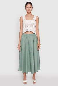 Womens Chic Poplin Button Front Mid Length Skater Skirt, Green, Size XL