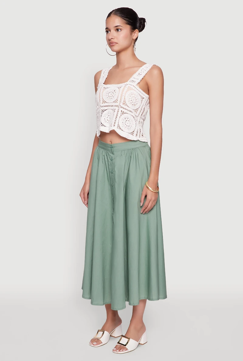 Chic Poplin Button Front Mid Length Skater Skirt