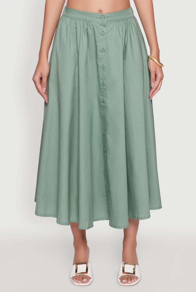 Womens Chic Poplin Button Front Mid Length Skater Skirt, Green,
