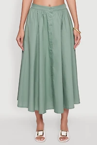 Womens Chic Poplin Button Front Mid Length Skater Skirt, Green,