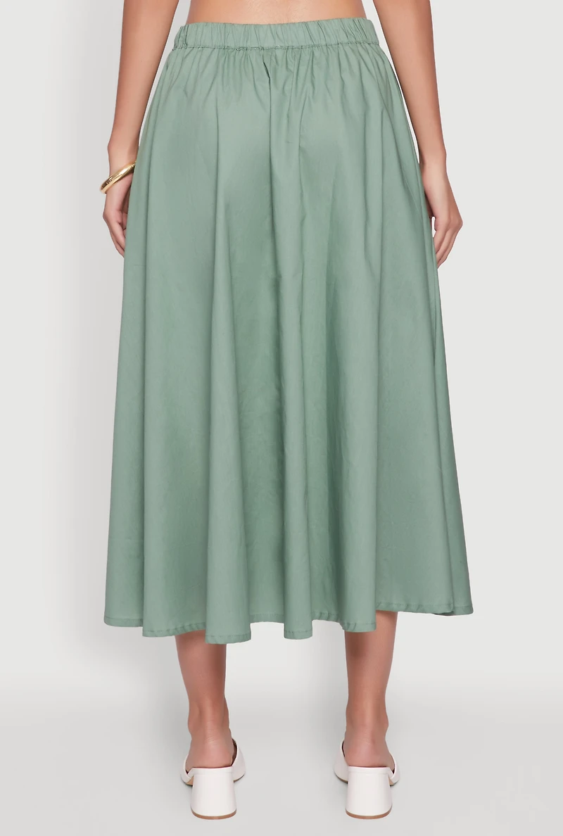 Womens Chic Poplin Button Front Mid Length Skater Skirt, Green, Size XL