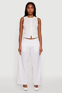 Womens Foldover Waistband Wide Leg Pants, White, Size L