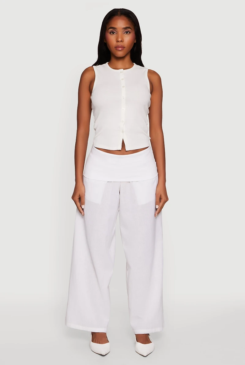 Womens Fold Over Waistband Wide Leg Pants, White, Size M