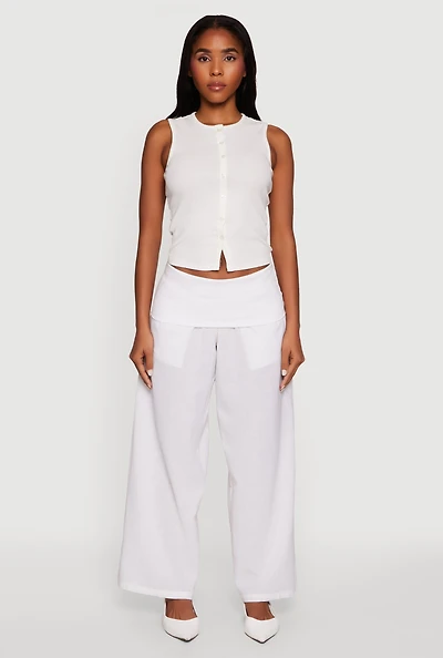 Womens Fold Over Waistband Wide Leg Pants, White, Size M