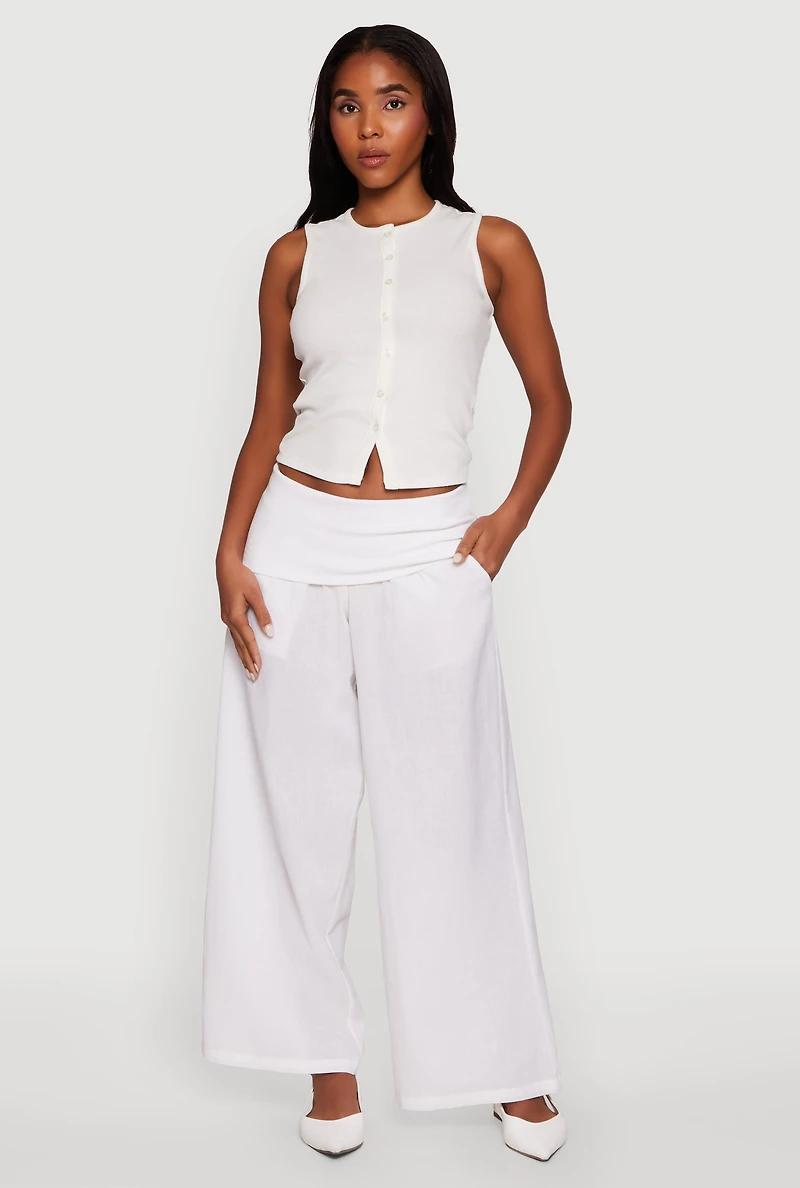 Womens Foldover Waistband Wide Leg Pants, White, Size L