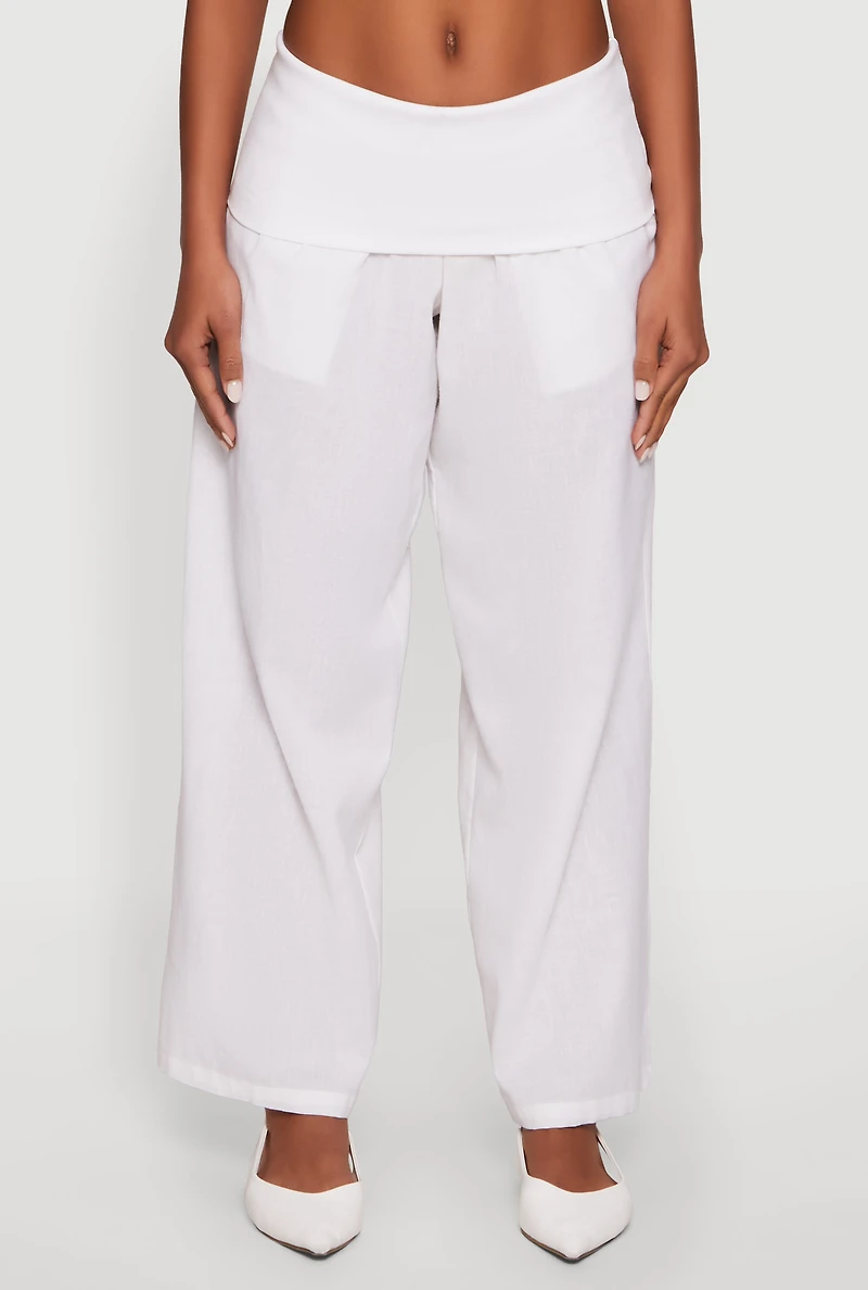 Womens Fold Over Waistband Wide Leg Pants, White, Size M