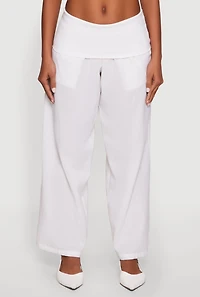 Womens Fold Over Waistband Wide Leg Pants, White, Size M