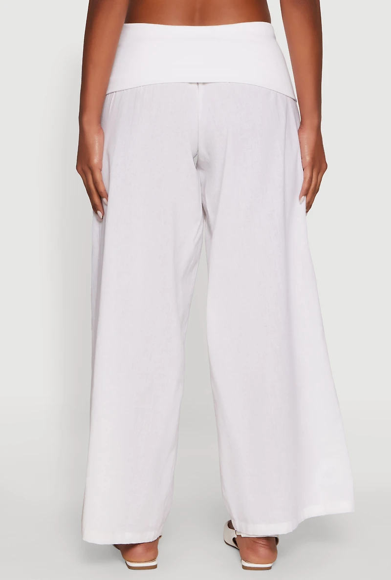 Womens Fold Over Waistband Wide Leg Pants, White, Size M