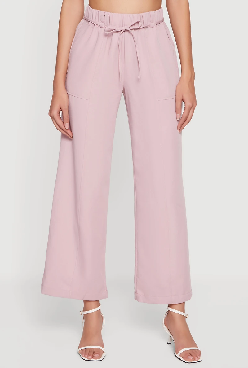 High Tie Waist Belted Wide Leg Casual Pants