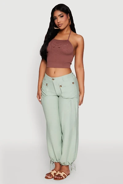 Womens Elastic Waist Drawstring Hem Joggers, Green, Size L