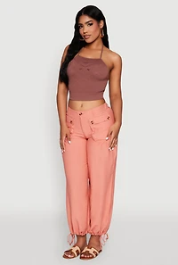 Womens Elastic Waist Drawstring Hem Joggers, Orange, Size M