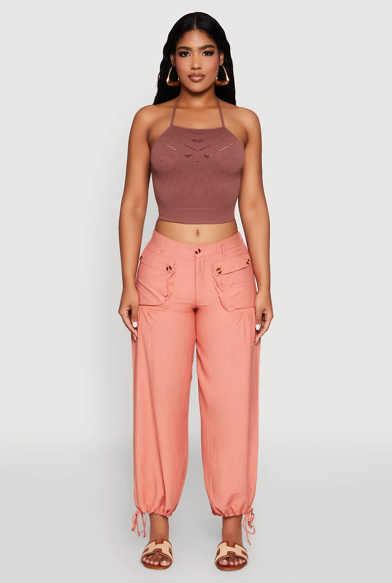 Womens Elastic Waist Drawstring Hem Joggers, Orange, Size M