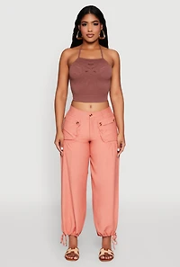 Womens Elastic Waist Drawstring Hem Joggers, Orange, Size M