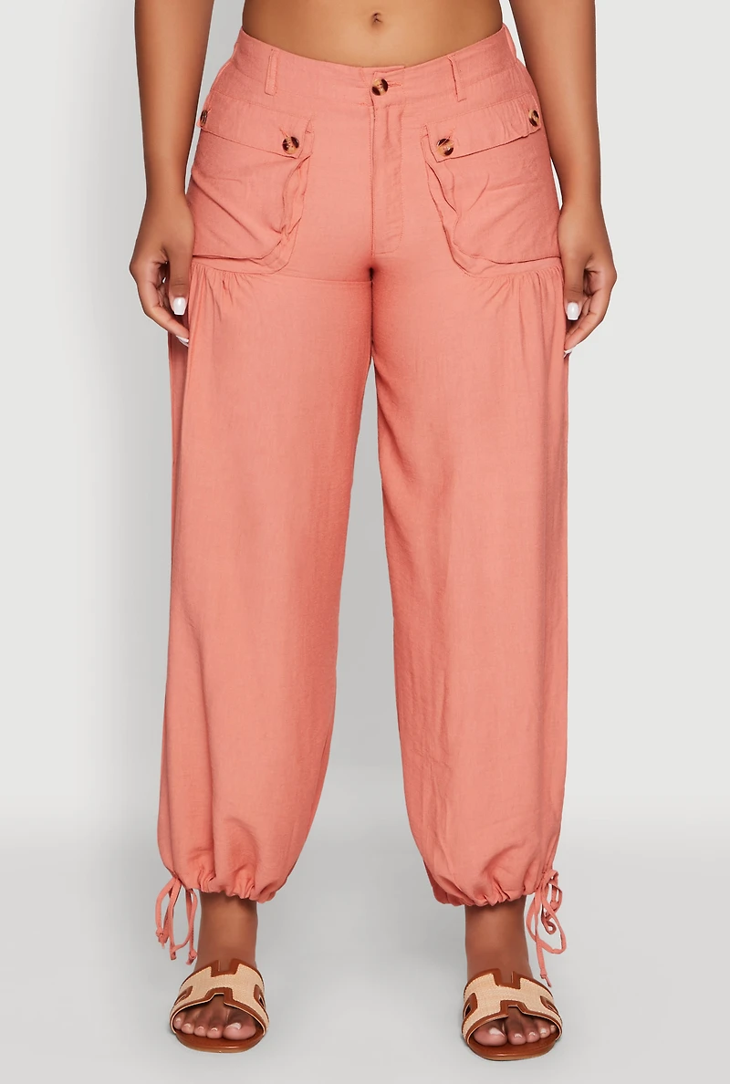 Womens Elastic Waist Drawstring Hem Joggers, Orange, Size M