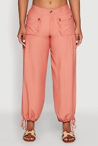 Womens Elastic Waist Drawstring Hem Joggers, Orange, Size M