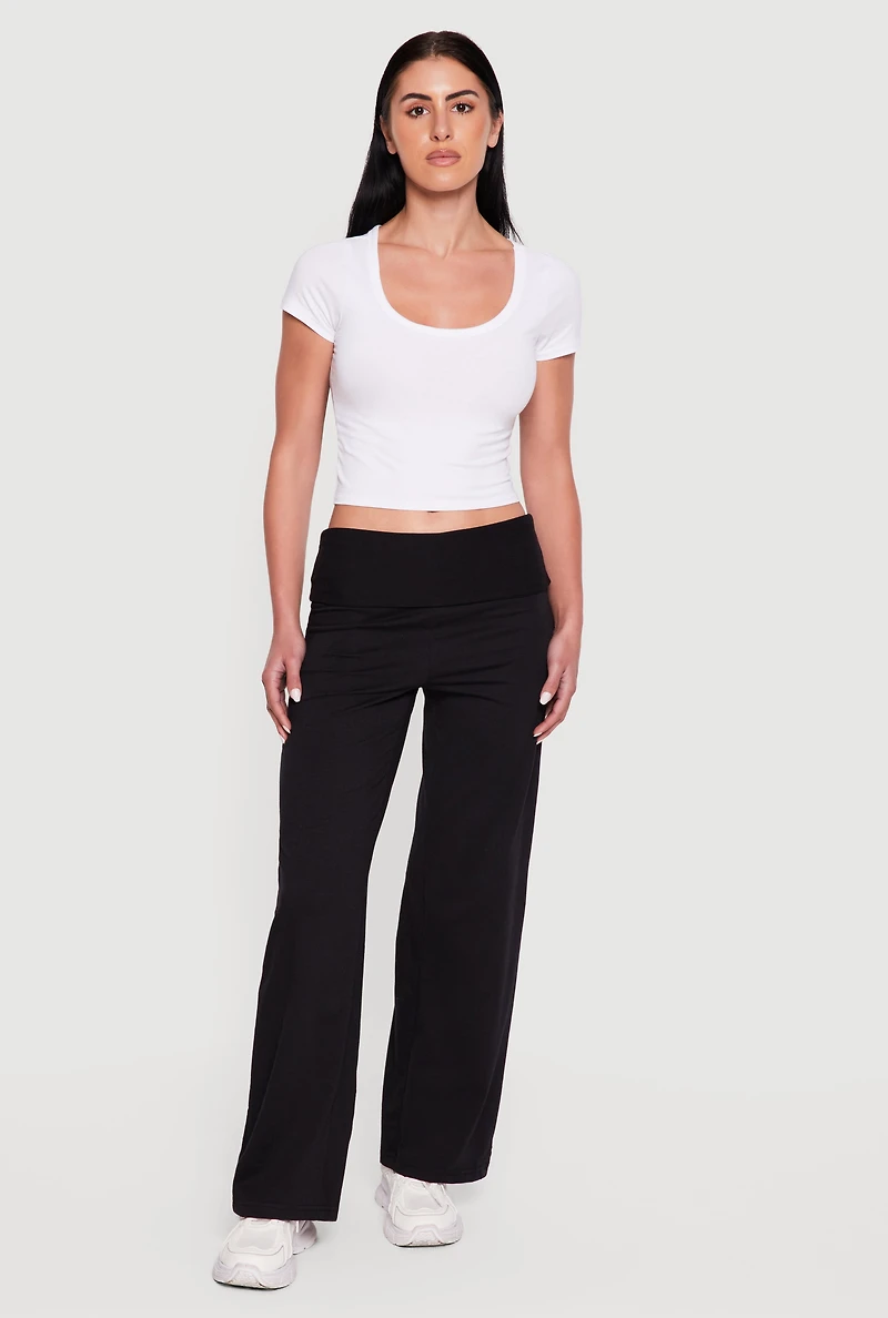 Ruched Fold Over High Waisted Wide Leg Pull On Pants