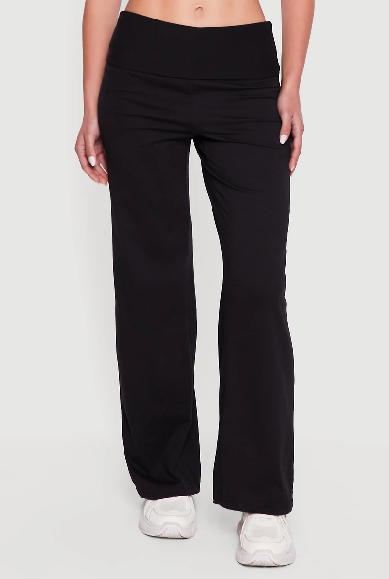 Ruched Fold Over High Waisted Wide Leg Pull On Pants