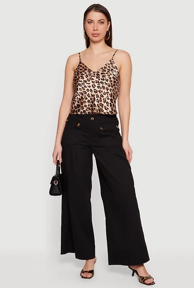 Solid Twill Wide Leg Palazzo Pants