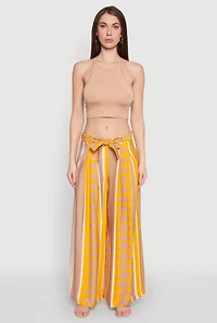 Womens Tie Waist Belted High Waisted Palazzo Pants, Yellow,
