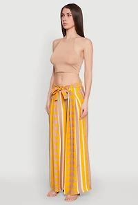 Womens Tie Waist Belted High Waisted Palazzo Pants, Yellow,