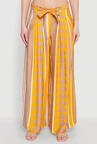 Womens Tie Waist Belted High Waisted Palazzo Pants, Yellow,