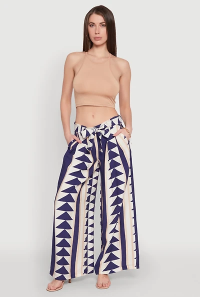 Womens Tie Waist Belted High Waisted Palazzo Pants, Multi, Size L
