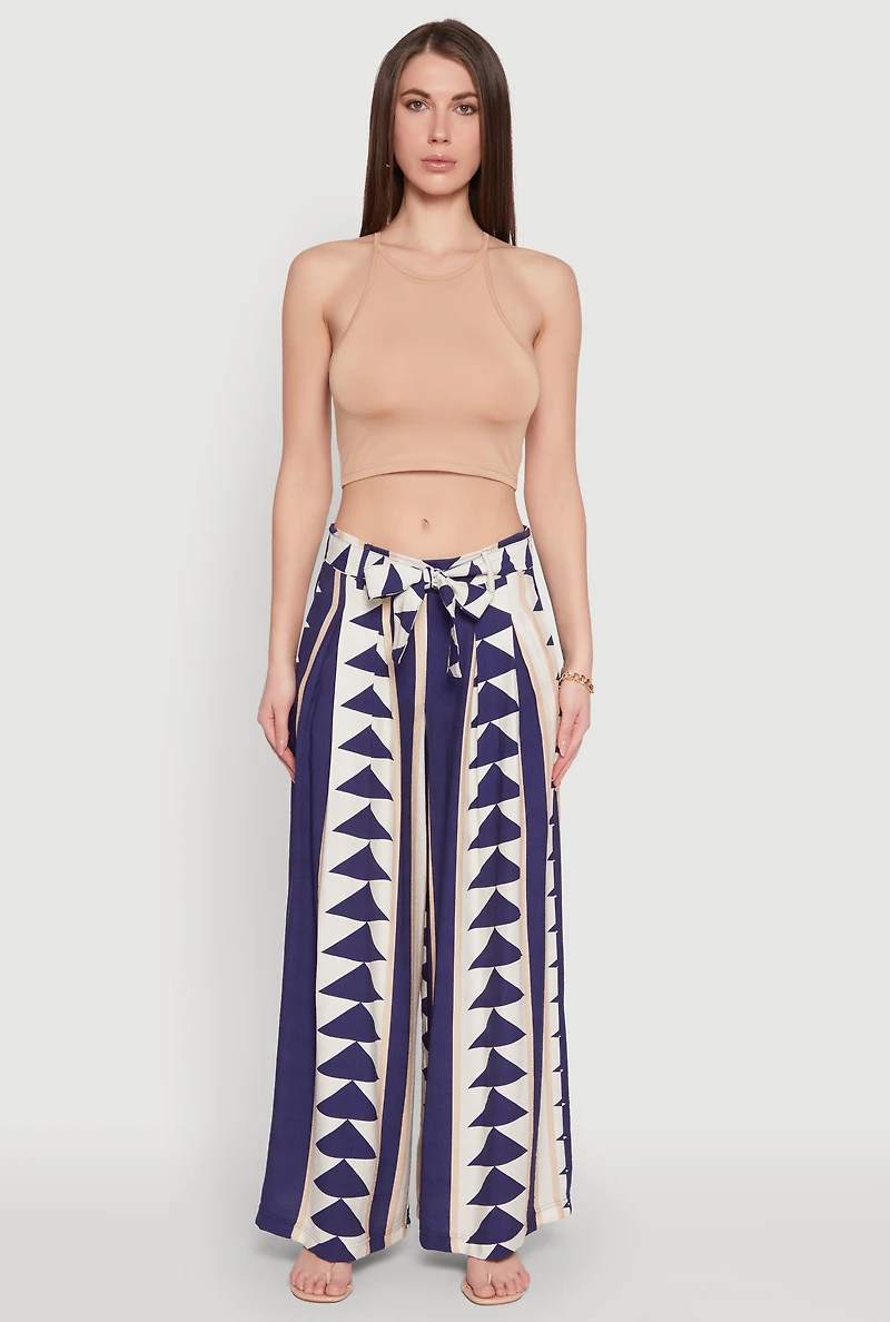 Womens Tie Waist Belted High Waisted Palazzo Pants, Multi, Size L