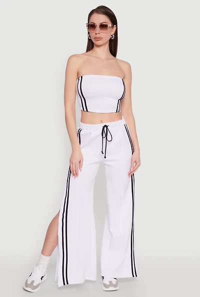 Womens Stylish High Waisted Varsity Stripe Active Pants, White, Size M