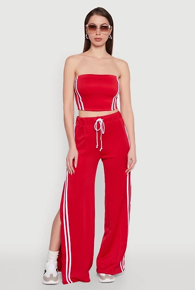 Womens Stylish High Waisted Varsity Stripe Active Pants, Red, Size M
