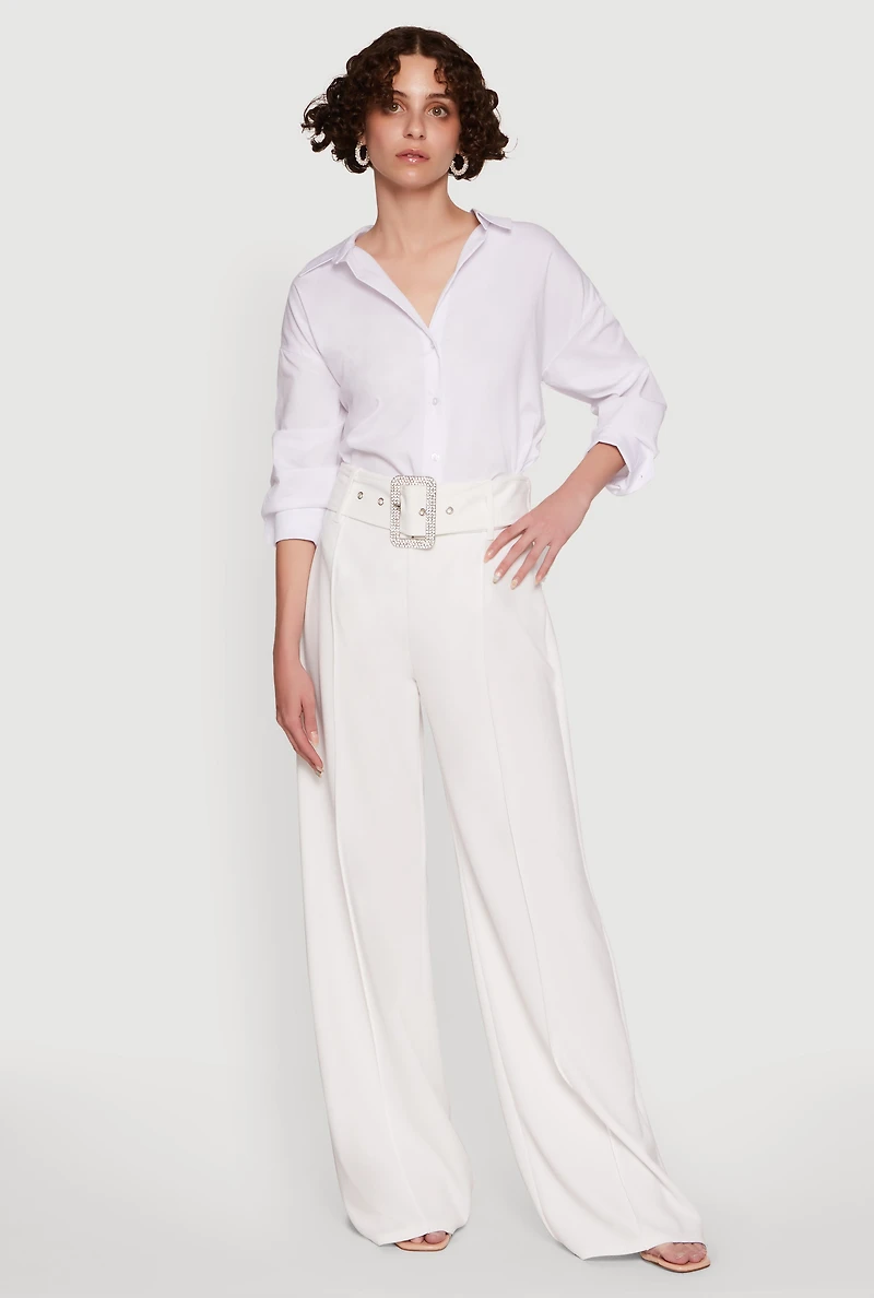 Trendy High Waisted Rhinestone Belted Palazzo Pants