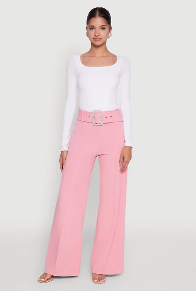 Womens Trendy High Waisted Rhinestone Belted Palazzo Pants, Pink, Size M